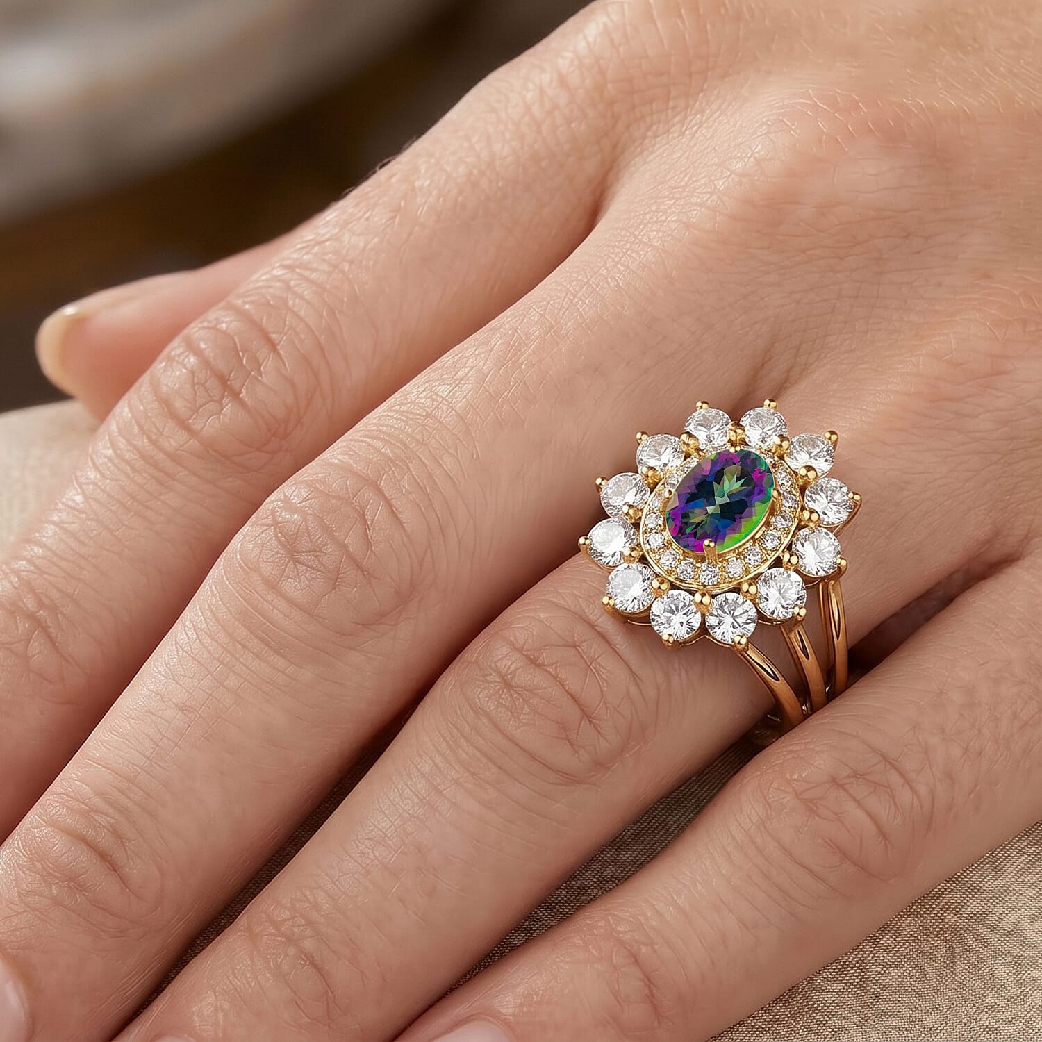 Mystic Topaz and Simulated Diamond 2.50 ctw Ring in 14K YG Over Sterling Silver (Size 9.0)