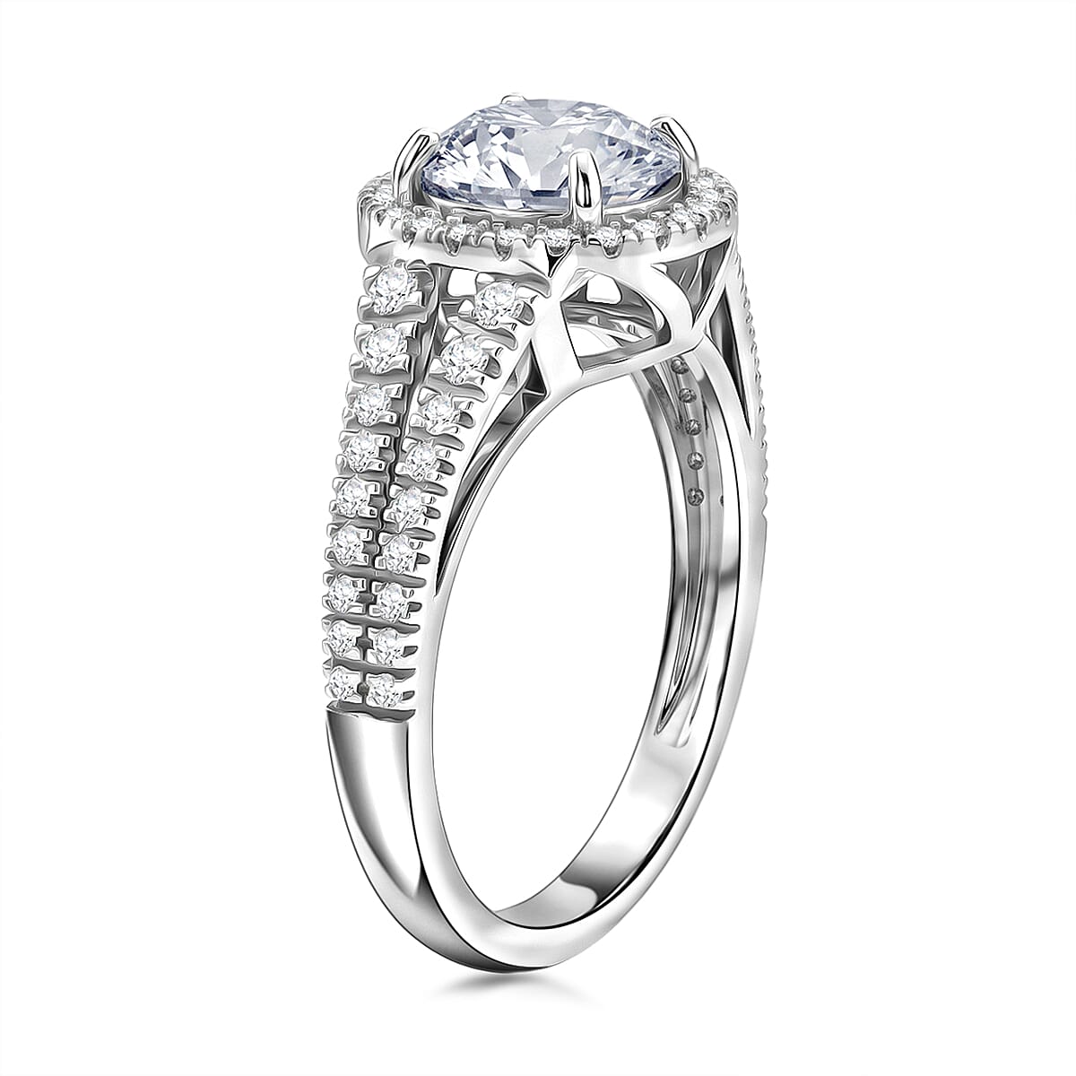D'Joy 161 Facets Portuguese Cut Moissanite (Rnd 8.5mm) Eternal Sparkle Classic Halo Ring in Rhodium Over Sterling Silver (Size 10.0) 3.00 ctw image number 3