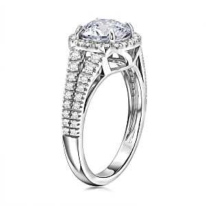 D'Joy 161 Facets Portuguese Cut Moissanite 3.00 ctw Eternal Sparkle Classic Halo Ring in Rhodium Over Sterling Silver (Size 10.0)