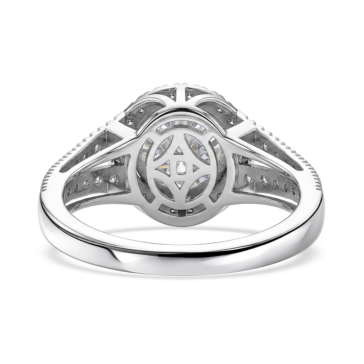 D'Joy 161 Facets Portuguese Cut Moissanite (Rnd 8.5mm) Eternal Sparkle Classic Halo Ring in Rhodium Over Sterling Silver (Size 10.0) 3.00 ctw image number 4