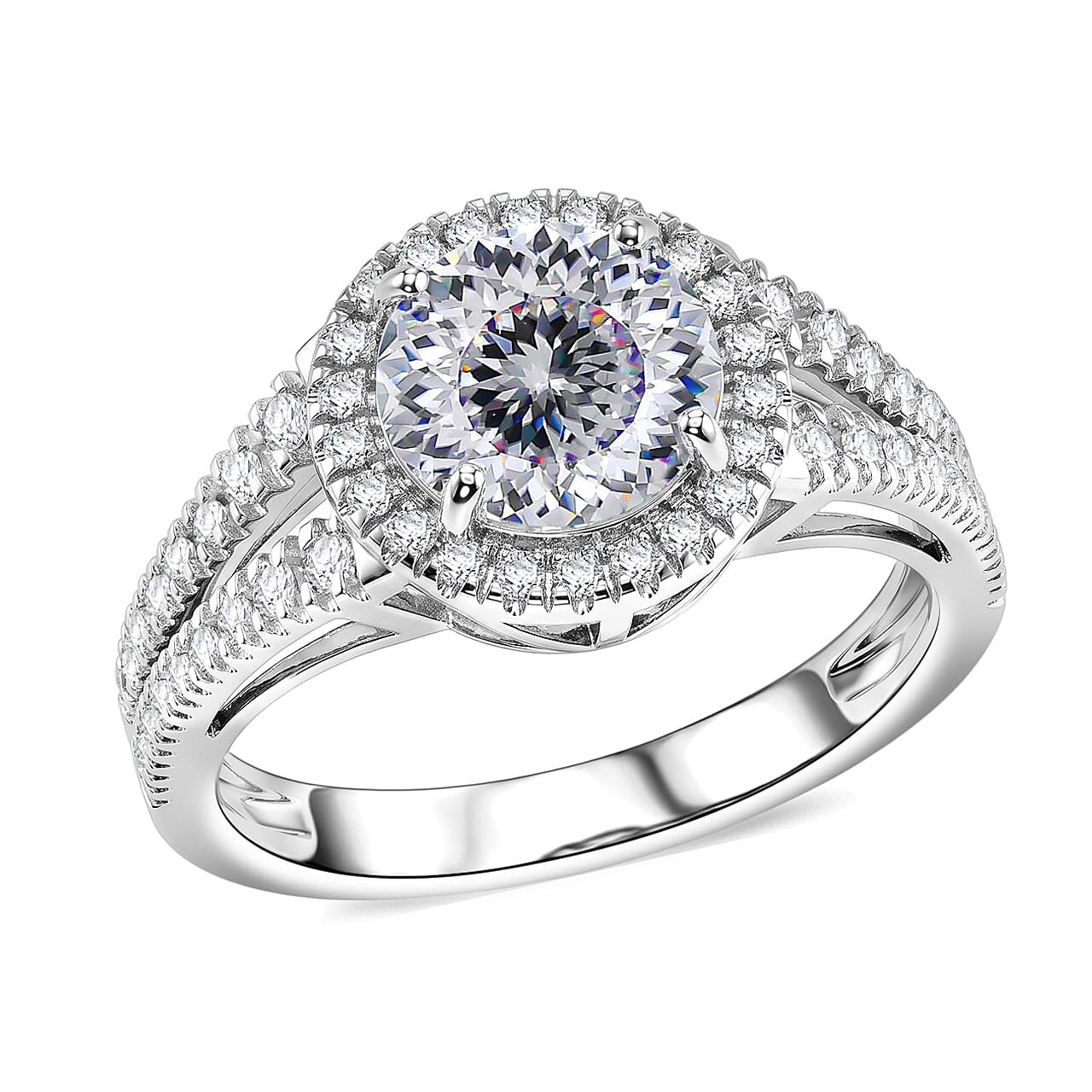 D'Joy 161 Facets Portuguese Cut Moissanite 3.00 ctw Eternal Sparkle Classic Halo Ring in Rhodium Over Sterling Silver (Size 5.0)