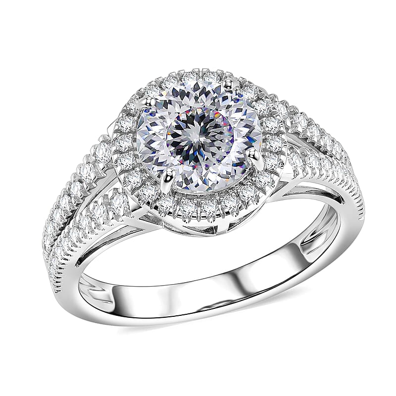 D'Joy 161 Facets Portuguese Cut Moissanite 3.00 ctw Eternal Sparkle Classic Halo Ring in Rhodium Over Sterling Silver (Size 5.0)