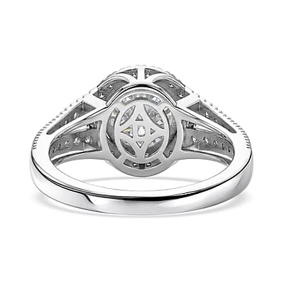 D'Joy 161 Facets Portuguese Cut Moissanite 3.00 ctw Eternal Sparkle Classic Halo Ring in Rhodium Over Sterling Silver (Size 5.0)