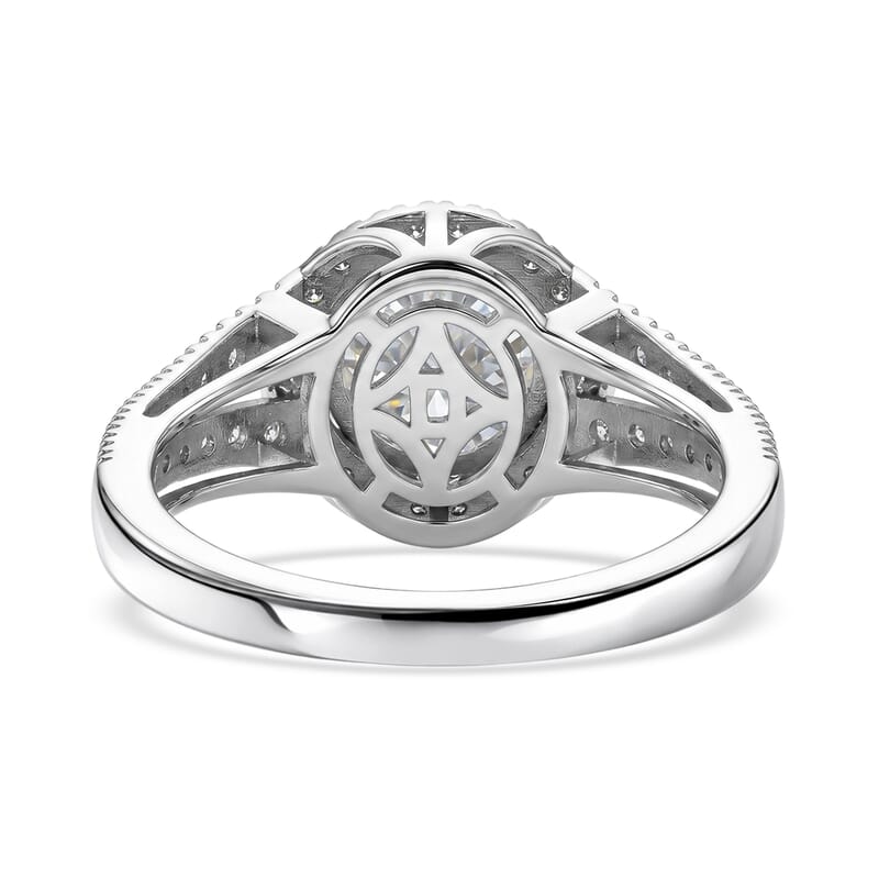 D'Joy 161 Facets Portuguese Cut Moissanite 3.00 ctw Eternal Sparkle Classic Halo Ring in Rhodium Over Sterling Silver (Size 5.0)