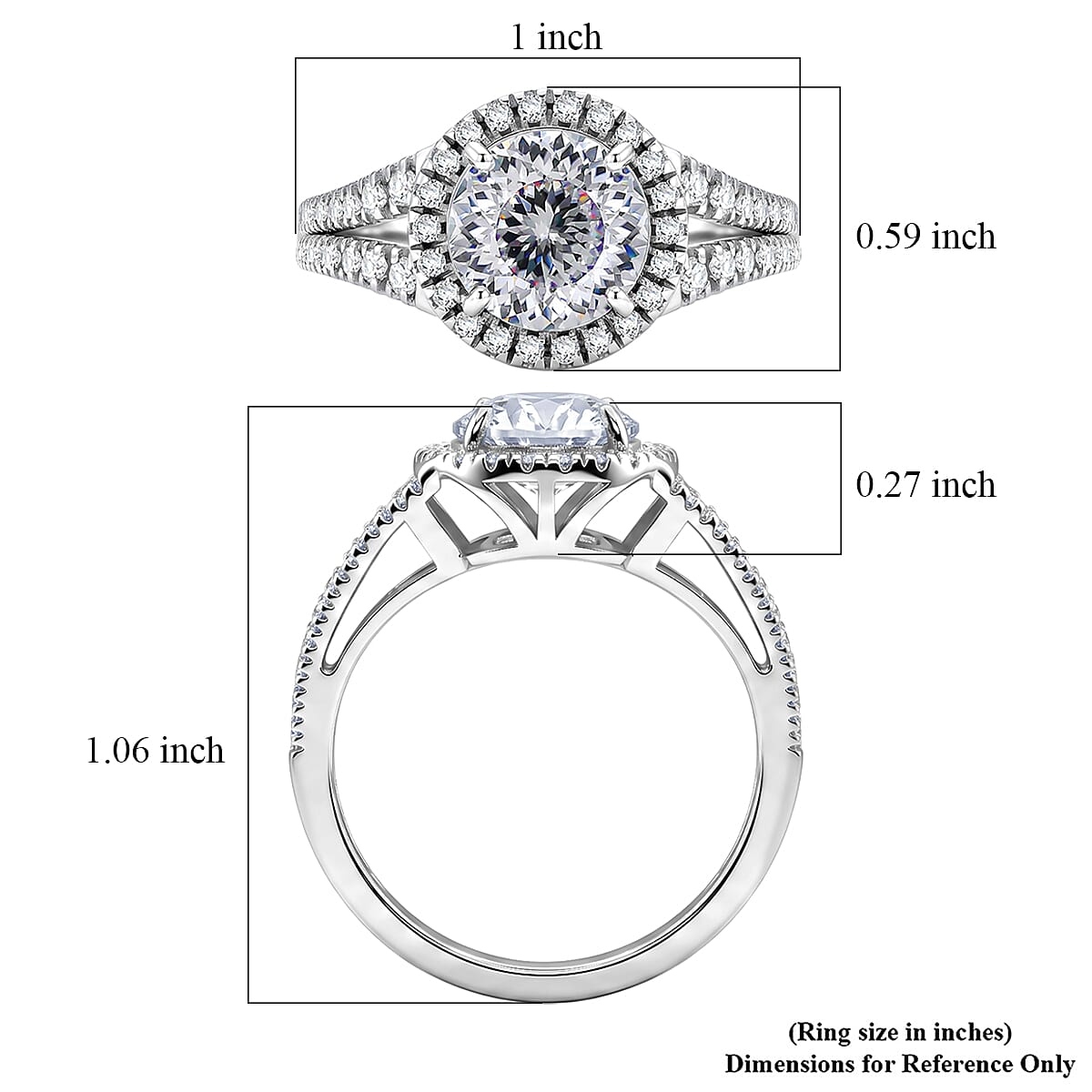 D'Joy 161 Facets Portuguese Cut Moissanite 3.00 ctw Eternal Sparkle Classic Halo Ring in Rhodium Over Sterling Silver (Size 5.0)
