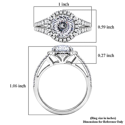 D'Joy 161 Facets Portuguese Cut Moissanite 3.00 ctw Eternal Sparkle Classic Halo Ring in Rhodium Over Sterling Silver (Size 5.0)