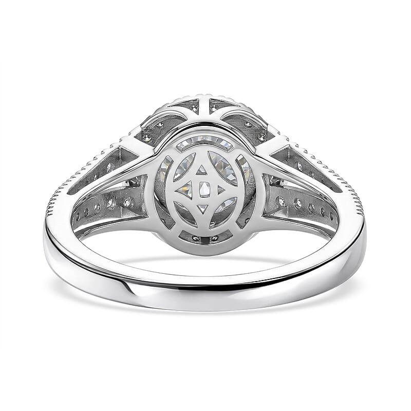 D'Joy 161 Facets Portuguese Cut Moissanite 3.00 ctw Eternal Sparkle Classic Halo Ring in Rhodium Over Sterling Silver (Size 6.0)