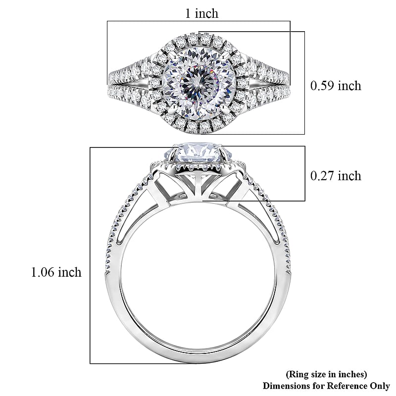 D'Joy 161 Facets Portuguese Cut Moissanite 3.00 ctw Eternal Sparkle Classic Halo Ring in Rhodium Over Sterling Silver (Size 6.0)
