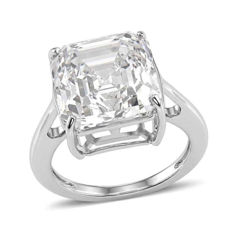 D'Joy Asscher Cut Moissanite (13mm) Solitaire Ring in Rhodium Over Sterling Silver (Size 5.0) 12.30 ctw