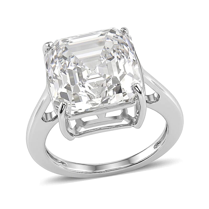 D'Joy Asscher Cut Moissanite (13mm) Solitaire Ring in Rhodium Over Sterling Silver (Size 5.0) 12.30 ctw