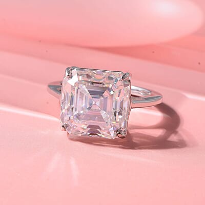 D'Joy Asscher Cut Moissanite (13mm) Solitaire Ring in Rhodium Over Sterling Silver (Size 5.0) 12.30 ctw