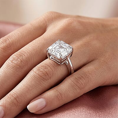 D'Joy Asscher Cut Moissanite (13mm) Solitaire Ring in Rhodium Over Sterling Silver (Size 5.0) 12.30 ctw