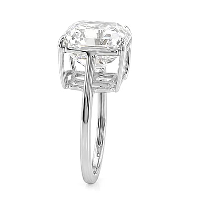 D'Joy Asscher Cut Moissanite (13mm) Solitaire Ring in Rhodium Over Sterling Silver (Size 5.0) 12.30 ctw