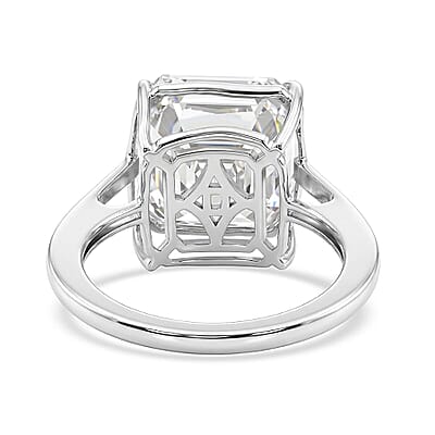 D'Joy Asscher Cut Moissanite (13mm) Solitaire Ring in Rhodium Over Sterling Silver (Size 5.0) 12.30 ctw
