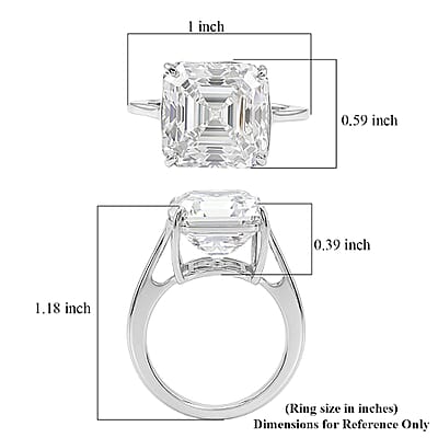 D'Joy Asscher Cut Moissanite (13mm) Solitaire Ring in Rhodium Over Sterling Silver (Size 5.0) 12.30 ctw