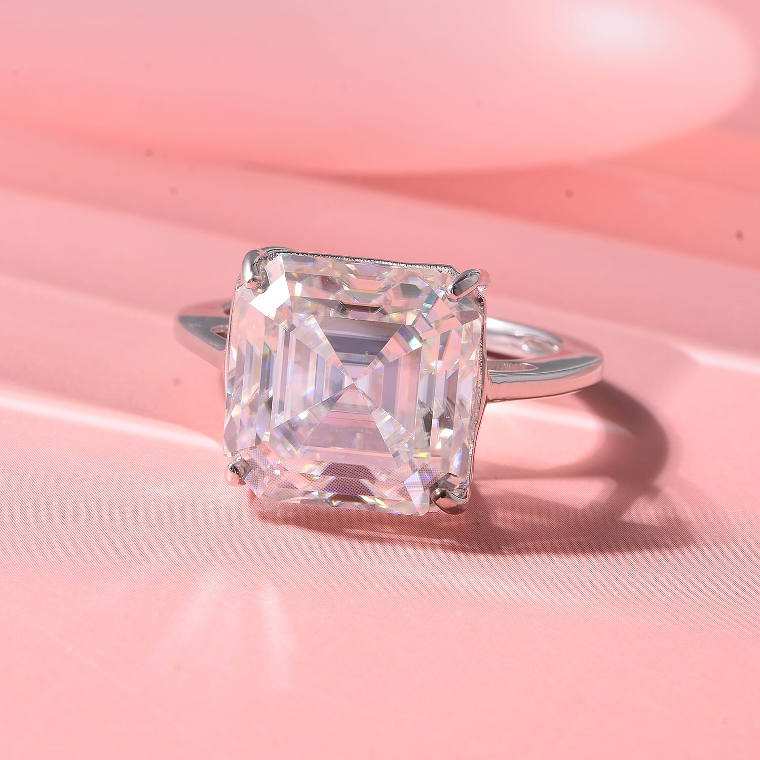D'Joy Asscher Cut Moissanite 12.30 ctw Solitaire Ring in Rhodium Over Sterling Silver (Size 6.0)
