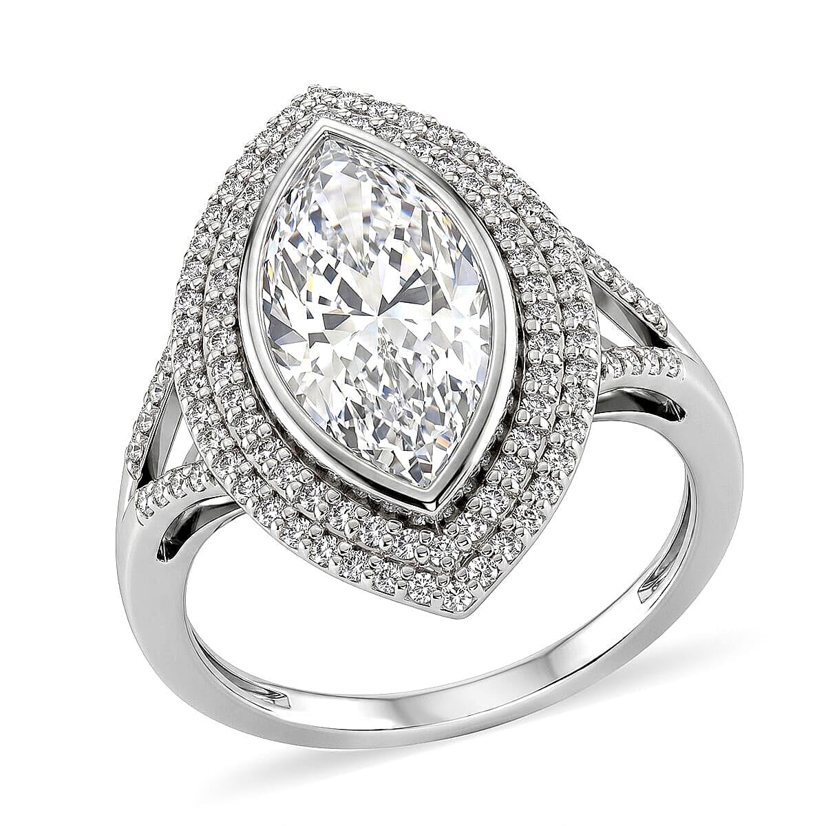 D'Joy Moissanite (Mrq 18x7mm) Ring in Rhodium Over Sterling Silver (Size 5.0) 4.60 ctw