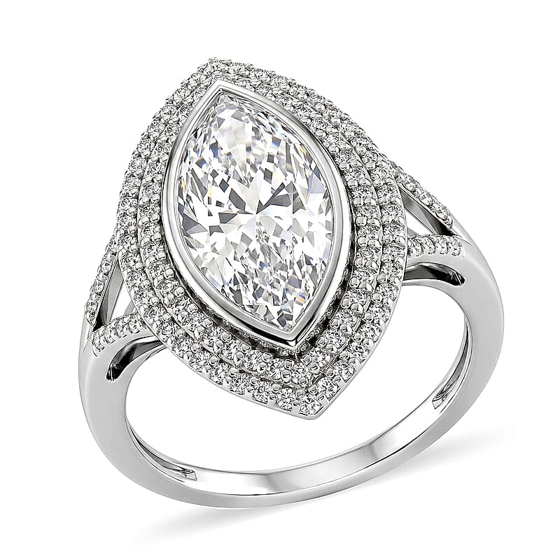 D'Joy Moissanite (Mrq 18x7mm) Ring in Rhodium Over Sterling Silver (Size 5.0) 4.60 ctw