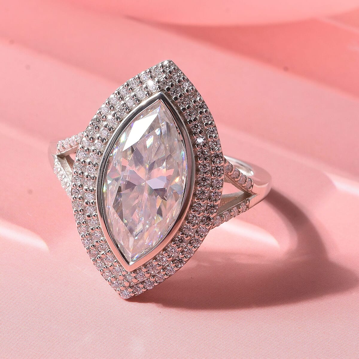 D'Joy Moissanite (Mrq 18x7mm) Ring in Rhodium Over Sterling Silver (Size 5.0) 4.60 ctw image number 1