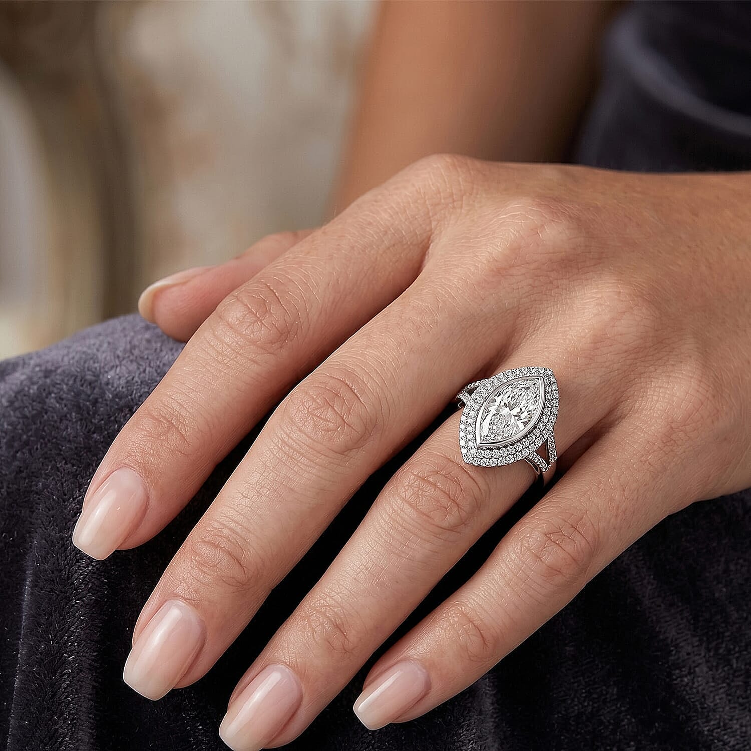 D'Joy Moissanite (Mrq 18x7mm) Ring in Rhodium Over Sterling Silver (Size 5.0) 4.60 ctw
