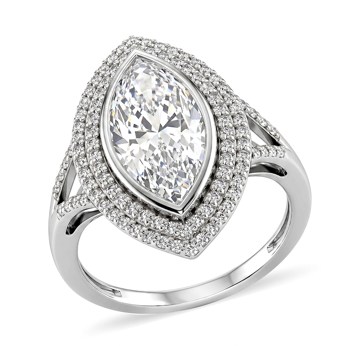 D'Joy Moissanite 4.60 ctw Eternal Halo Ring in Rhodium Over Sterling Silver (Size 6.0)