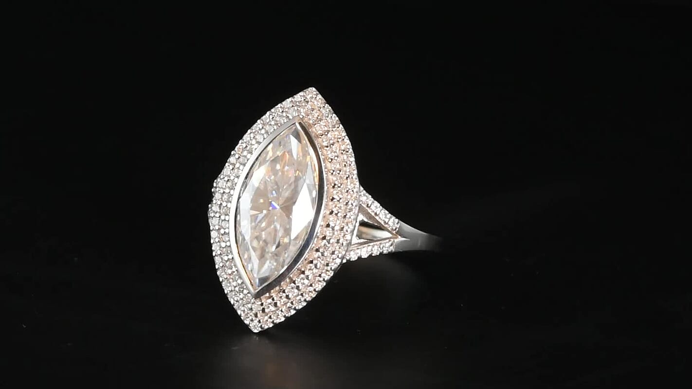 D'Joy Moissanite (Mrq 18x7mm) Solitaire Ring in Rhodium Over Sterling Silver (Size 10.0) 4.60 ctw