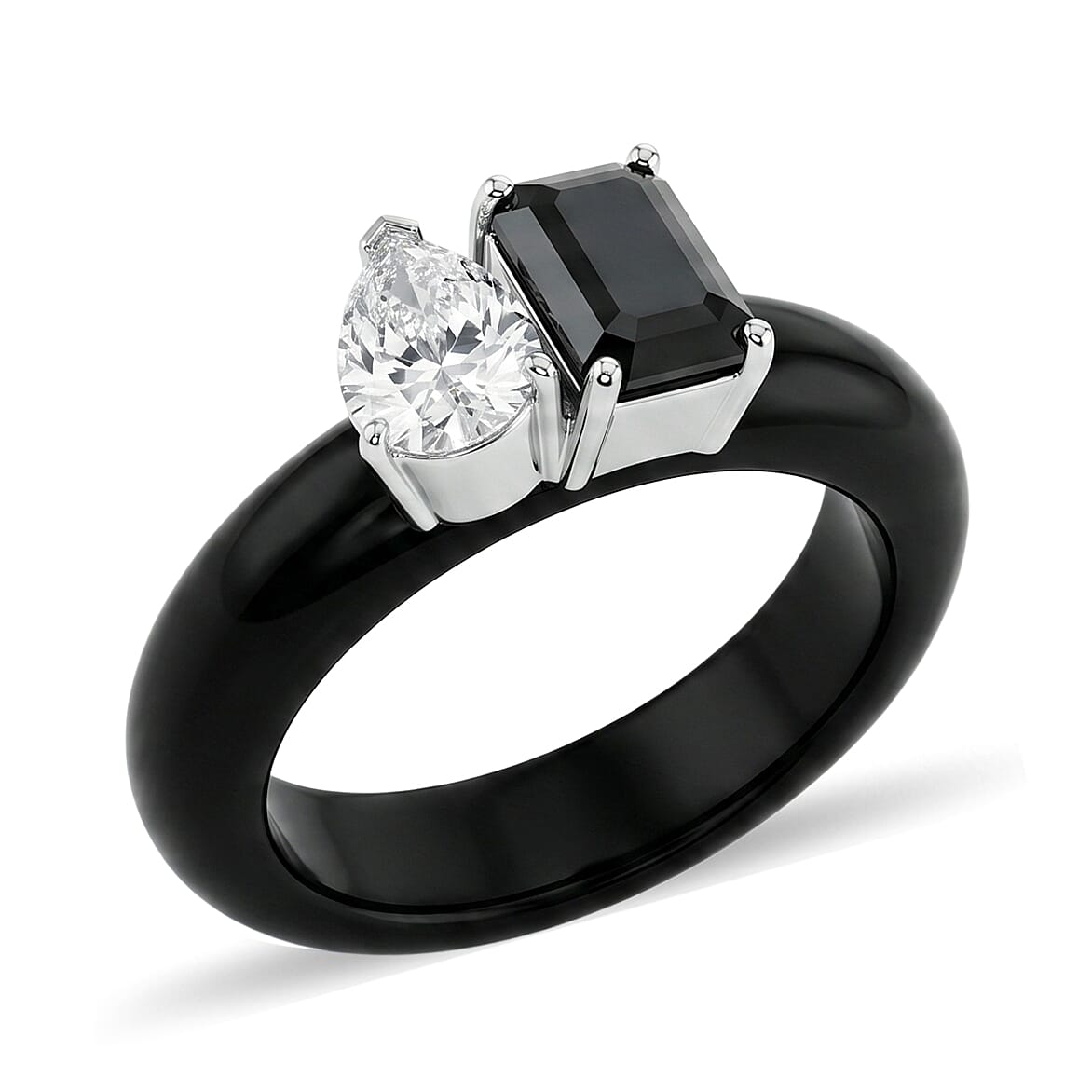 D'Joy Black and White Moissanite, Black Jade (D) 14.25 ctw Band Ring in Rhodium Over Sterling Silver (Size 10.0)