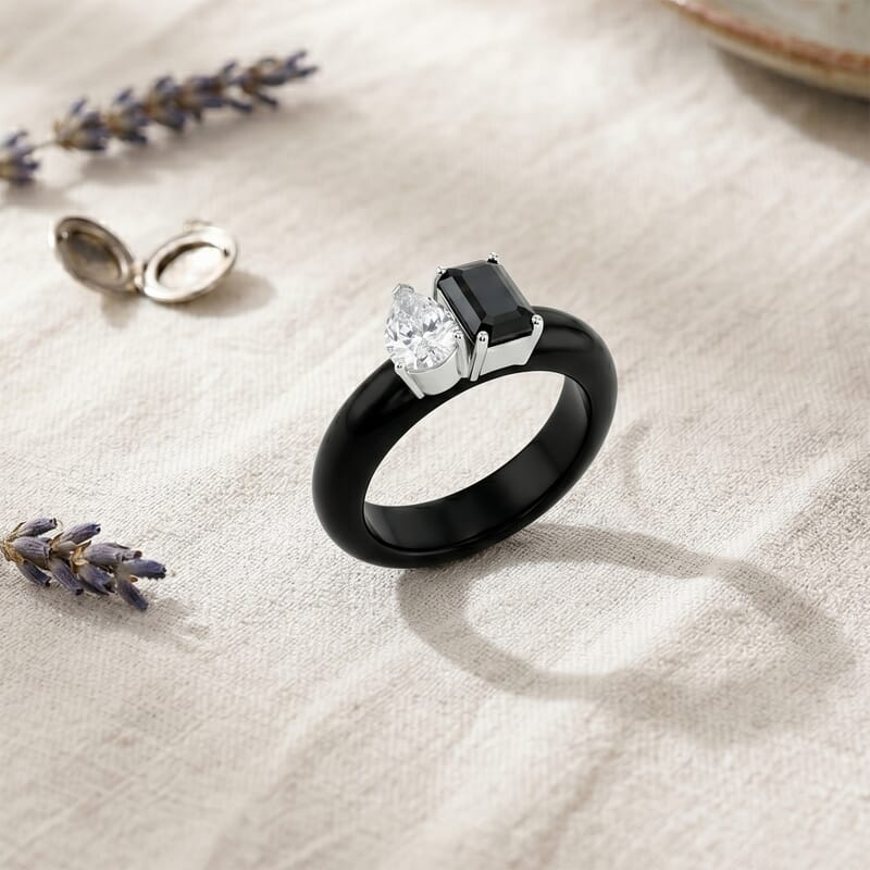 D'Joy Black and White Moissanite, Black Jade (D) 14.25 ctw Band Ring in Rhodium Over Sterling Silver (Size 10.0)