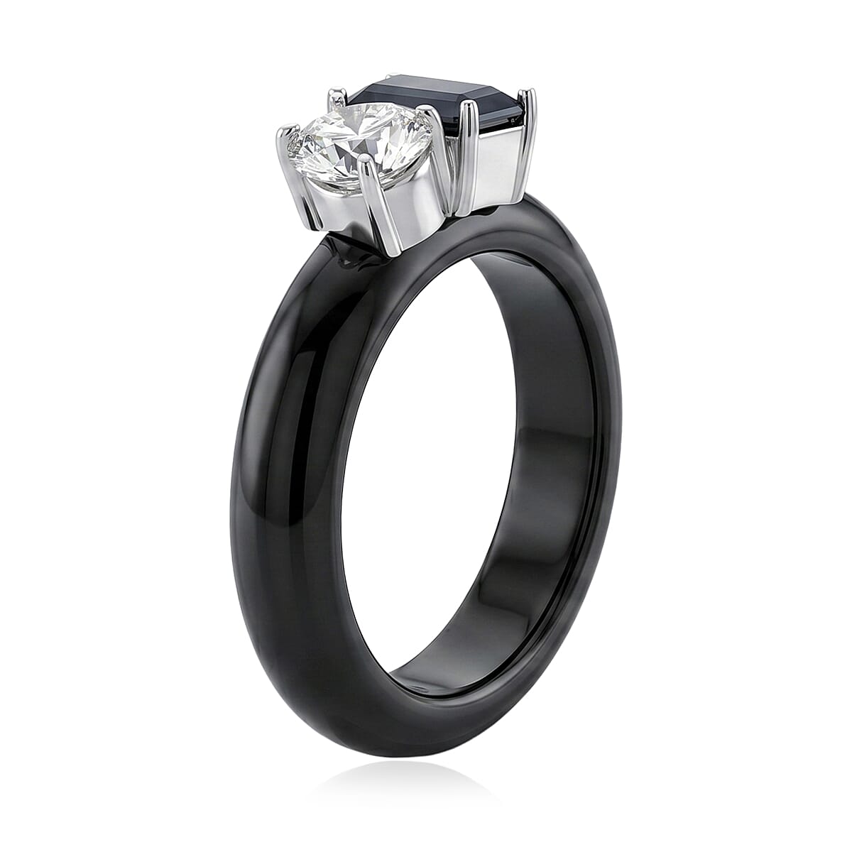 D'Joy Black and White Moissanite, Black Jade (D) 14.25 ctw Band Ring in Rhodium Over Sterling Silver (Size 10.0)