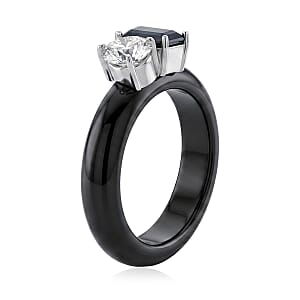D'Joy Black and White Moissanite, Black Jade (D) 14.25 ctw Band Ring in Rhodium Over Sterling Silver (Size 10.0)