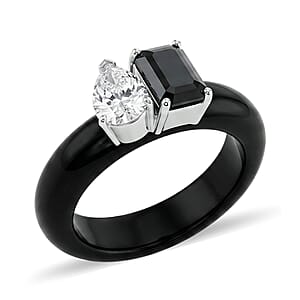 D'Joy Black and White Moissanite, Black Jade (D) 14.25 ctw Band Ring in Rhodium Over Sterling Silver (Size 5.0)
