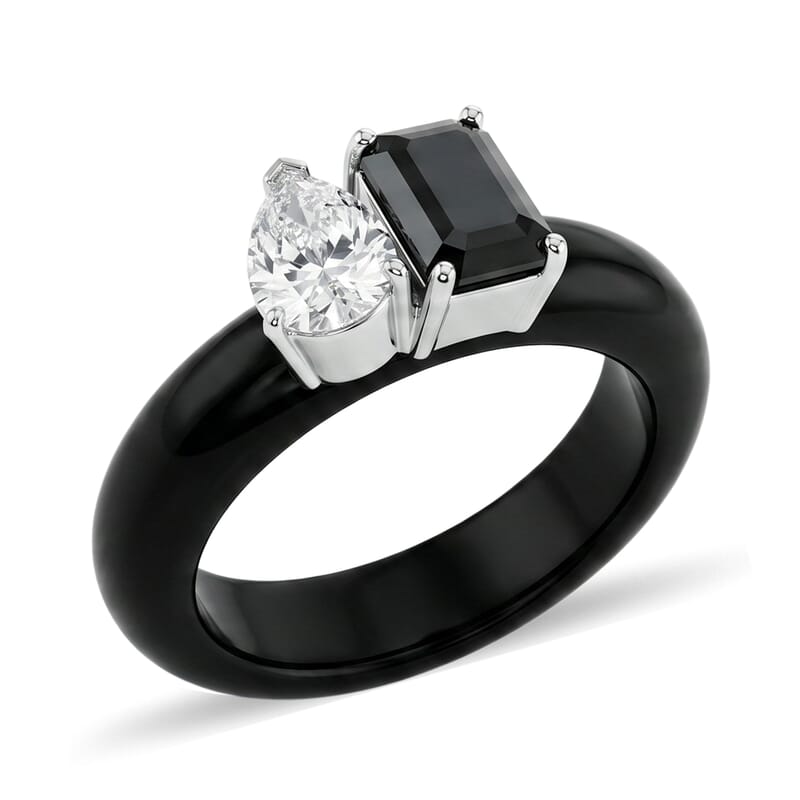 D'Joy Black and White Moissanite, Black Jade (D) 14.25 ctw Band Ring in Rhodium Over Sterling Silver (Size 5.0)