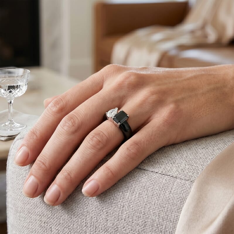 D'Joy Black and White Moissanite, Black Jade (D) 14.25 ctw Band Ring in Rhodium Over Sterling Silver (Size 5.0)
