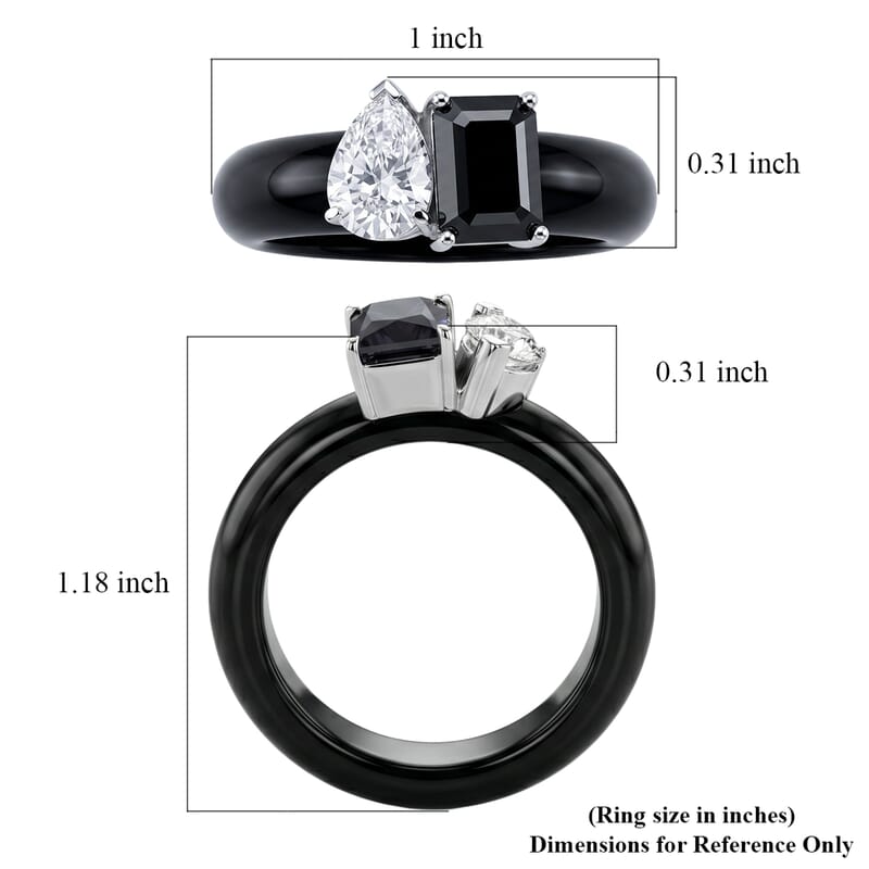 D'Joy Black and White Moissanite, Black Jade (D) 14.25 ctw Band Ring in Rhodium Over Sterling Silver (Size 5.0)
