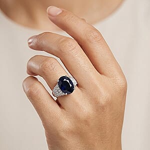 D'Joy Kanchanaburi Blue Sapphire (DF) and Moissanite 8.00 ctw Ring in Rhodium Over Sterling Silver (Size 10.0)