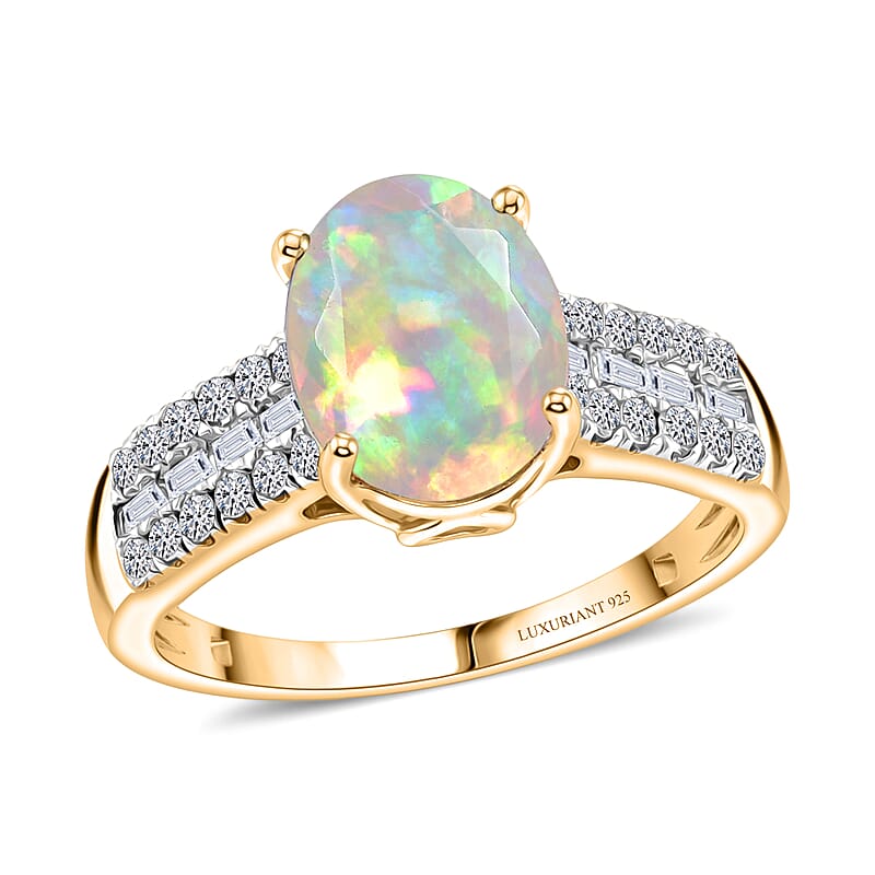 Premium Ethiopian Welo Opal and Luxuriant Lab Grown Diamond G-H SI 2.60 ctw Ring in 18K Vermeil Yellow Gold Over Sterling Silver (Size 4.0)