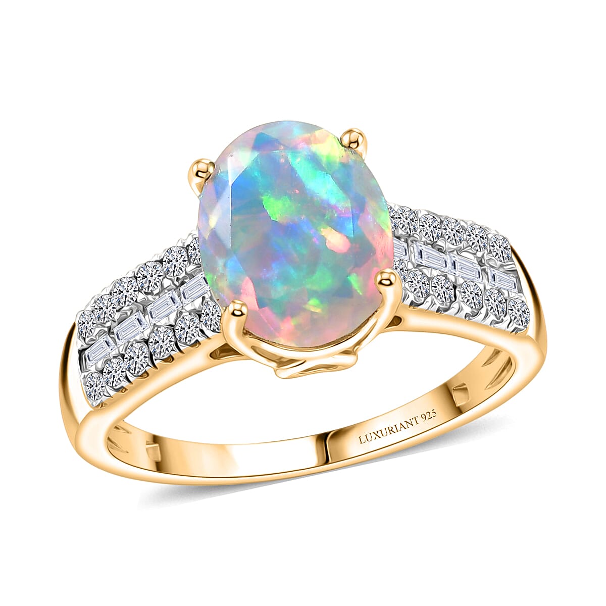 Premium Ethiopian Welo Opal and Luxuriant Lab Grown Diamond G-H SI 2.60 ctw Ring in 18K Vermeil Yellow Gold Over Sterling Silver (Size 7.0)