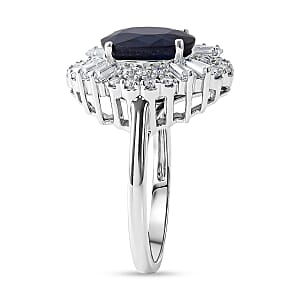D'Joy Kanchanaburi Blue Sapphire (DF) and Moissanite 4.30 ctw Royal Night Halo Ring in Rhodium Over Sterling Silver (Size 10.0)