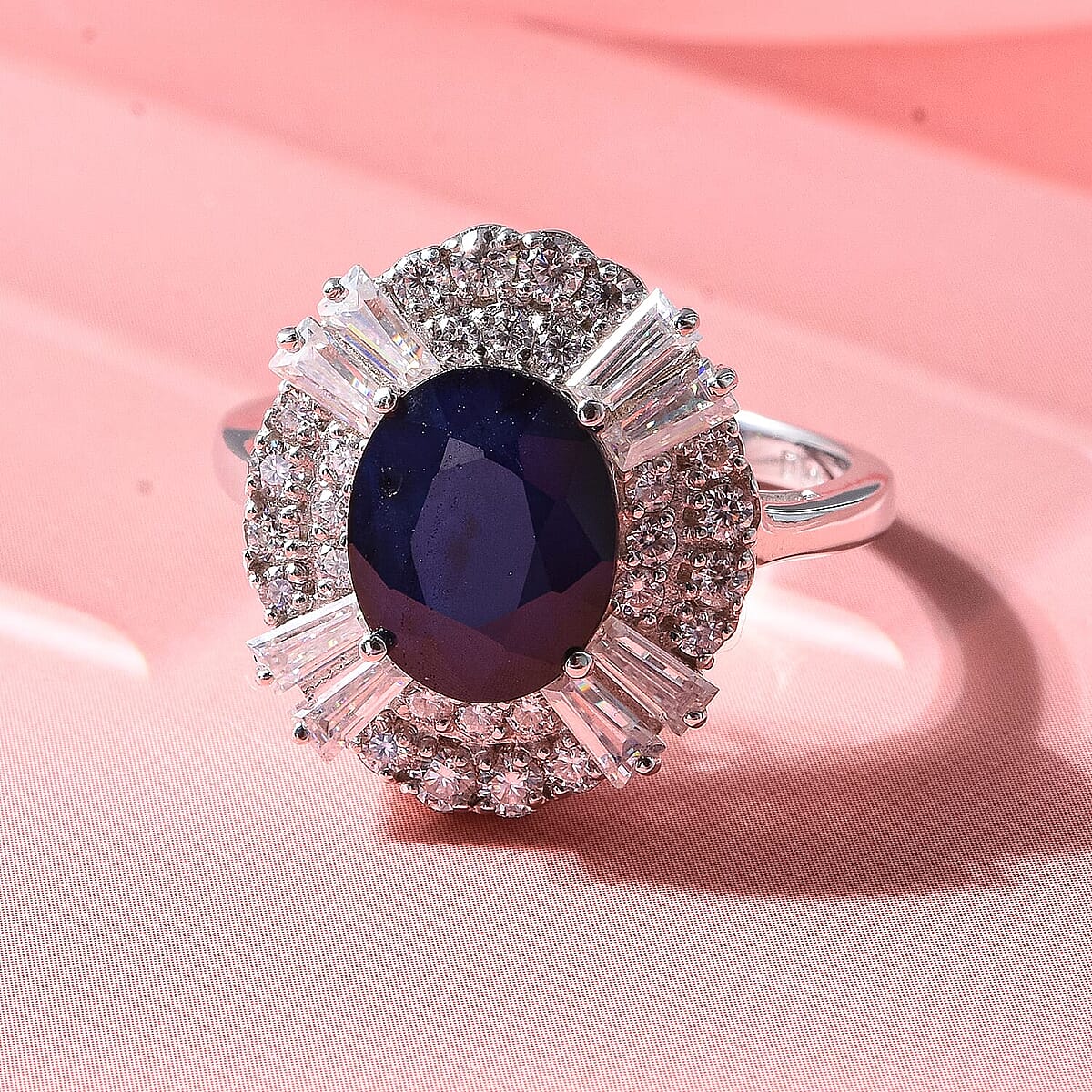 D'Joy Madagascar Blue Sapphire (DF), Moissanite Ring in Rhodium Over Sterling Silver (Size 11.0) 4.30 ctw image number 1