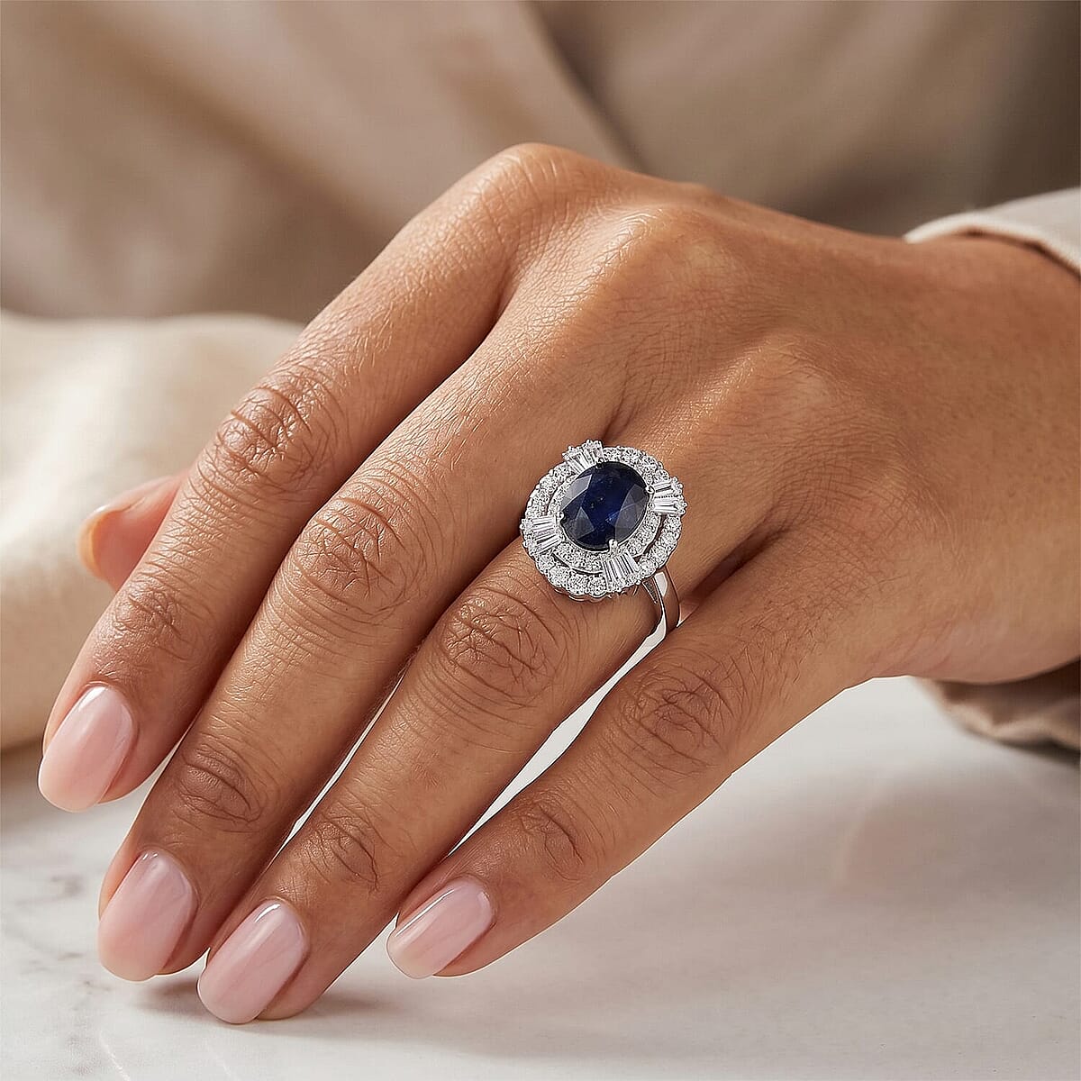 D'Joy Madagascar Blue Sapphire (DF), Moissanite Ring in Rhodium Over Sterling Silver (Size 11.0) 4.30 ctw image number 2