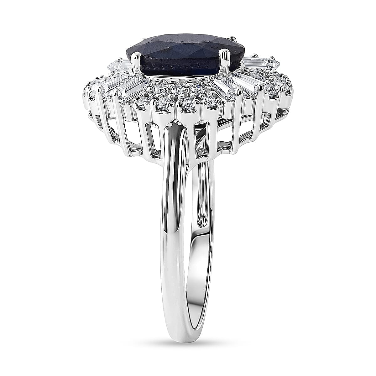D'Joy Madagascar Blue Sapphire (DF), Moissanite Ring in Rhodium Over Sterling Silver (Size 11.0) 4.30 ctw image number 3