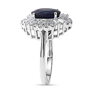 D'Joy Madagascar Blue Sapphire (DF), Moissanite Ring in Rhodium Over Sterling Silver (Size 11.0) 4.30 ctw