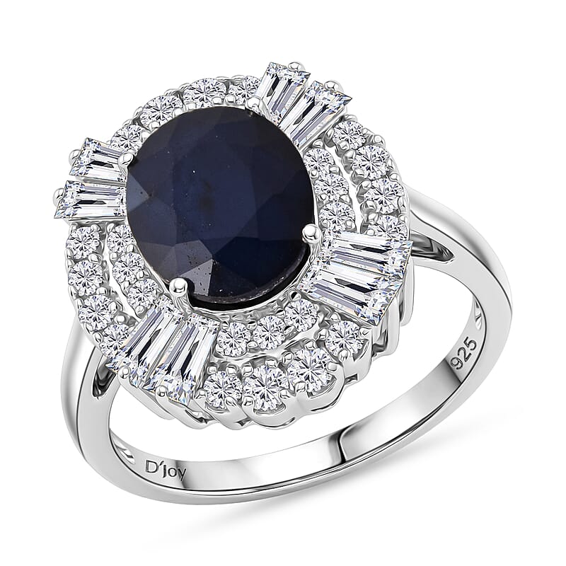 D'Joy Kanchanaburi Blue Sapphire (DF) and Moissanite 4.30 ctw Royal Night Halo Ring in Rhodium Over Sterling Silver (Size 6.0)