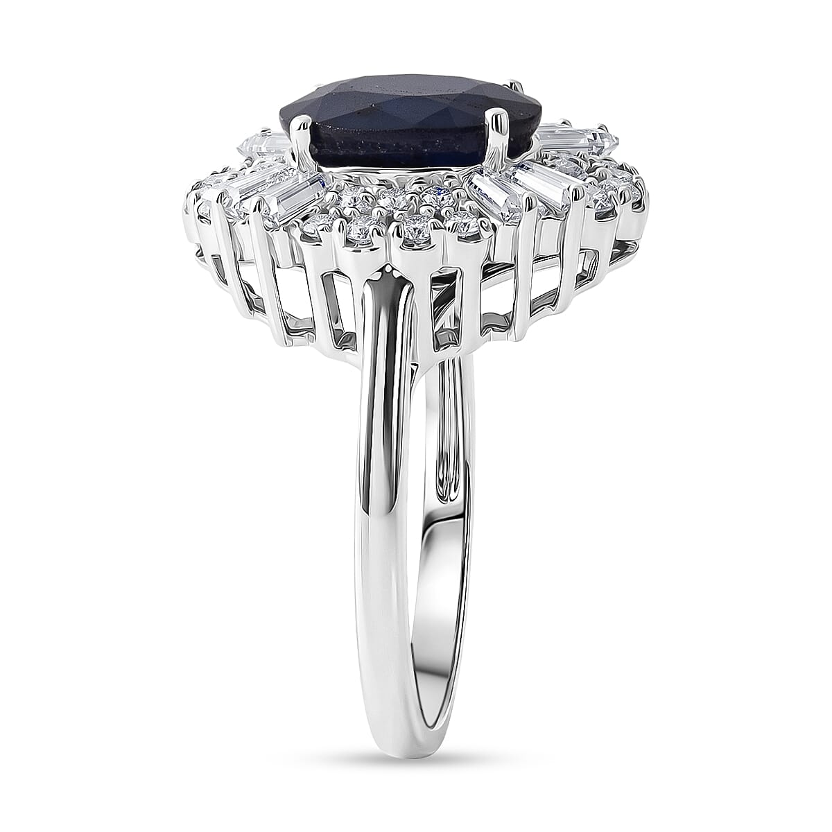 D'Joy Kanchanaburi Blue Sapphire (DF) and Moissanite 4.30 ctw Royal Night Halo Ring in Rhodium Over Sterling Silver (Size 6.0)