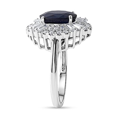 D'Joy Kanchanaburi Blue Sapphire (DF) and Moissanite 4.30 ctw Royal Night Halo Ring in Rhodium Over Sterling Silver (Size 6.0)