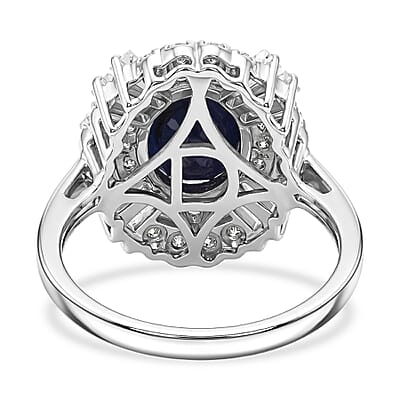 D'Joy Kanchanaburi Blue Sapphire (DF) and Moissanite 4.30 ctw Royal Night Halo Ring in Rhodium Over Sterling Silver (Size 6.0)