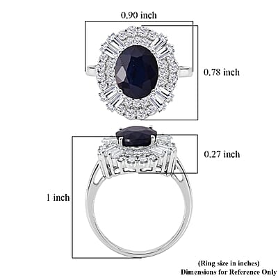 D'Joy Kanchanaburi Blue Sapphire (DF) and Moissanite 4.30 ctw Royal Night Halo Ring in Rhodium Over Sterling Silver (Size 6.0)