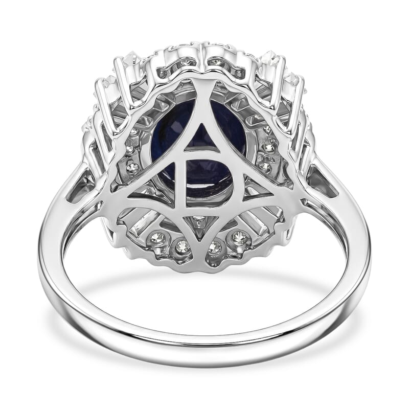 D'Joy Kanchanaburi Blue Sapphire (DF) and Moissanite 4.30 ctw Royal Night Halo Ring in Rhodium Over Sterling Silver (Size 7.0)