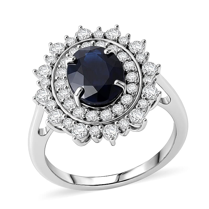 D'Joy Madagascar Blue Sapphire (DF), Moissanite Ring in Rhodium Over Sterling Silver (Size 5.0) 3.00 ctw