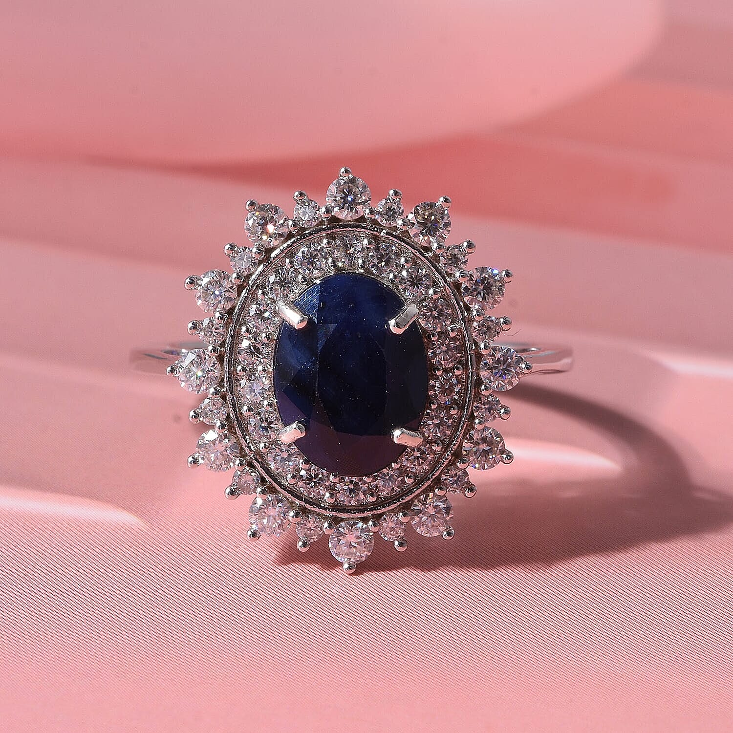 D'Joy Madagascar Blue Sapphire (DF), Moissanite Ring in Rhodium Over Sterling Silver (Size 5.0) 3.00 ctw